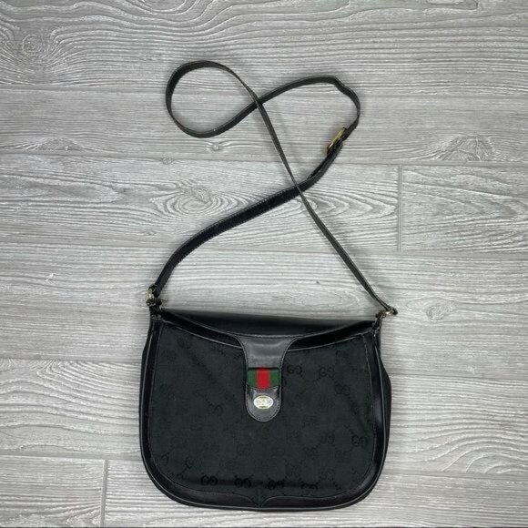 Vintage GUCCI Black Canvas Leather Saddle Purse bag long crossbody strap